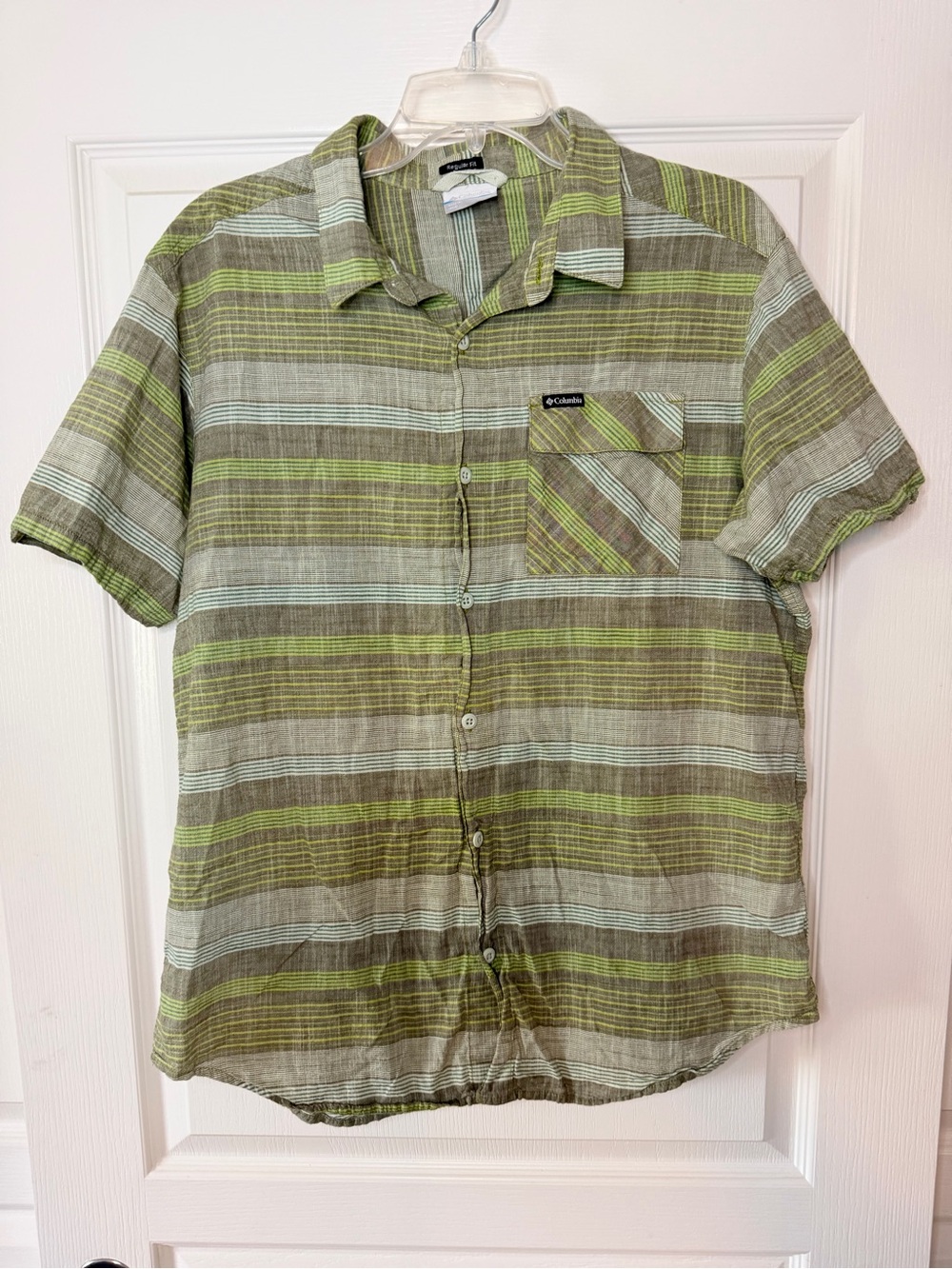 Columbia Green and Olive Striped Short-Sleeve Button-Down Shirt